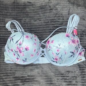 Floral Lace Underwire Bra - Light Blue and Pink
